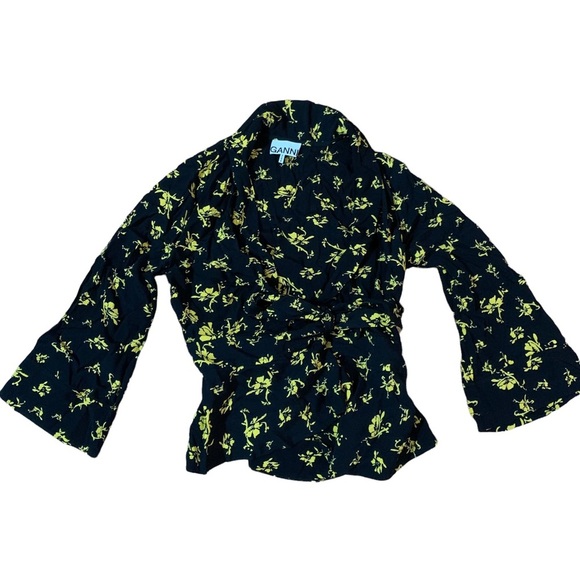 Ganni Floral Black and Yellow Wrap Top | Sz 32/S - Picture 2 of 4